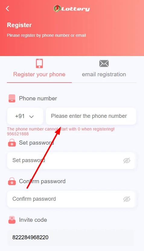 Enter your phone number in the column provided on the 1 Lottery App